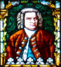 Stained glass window image of Johann Sebastian Bach